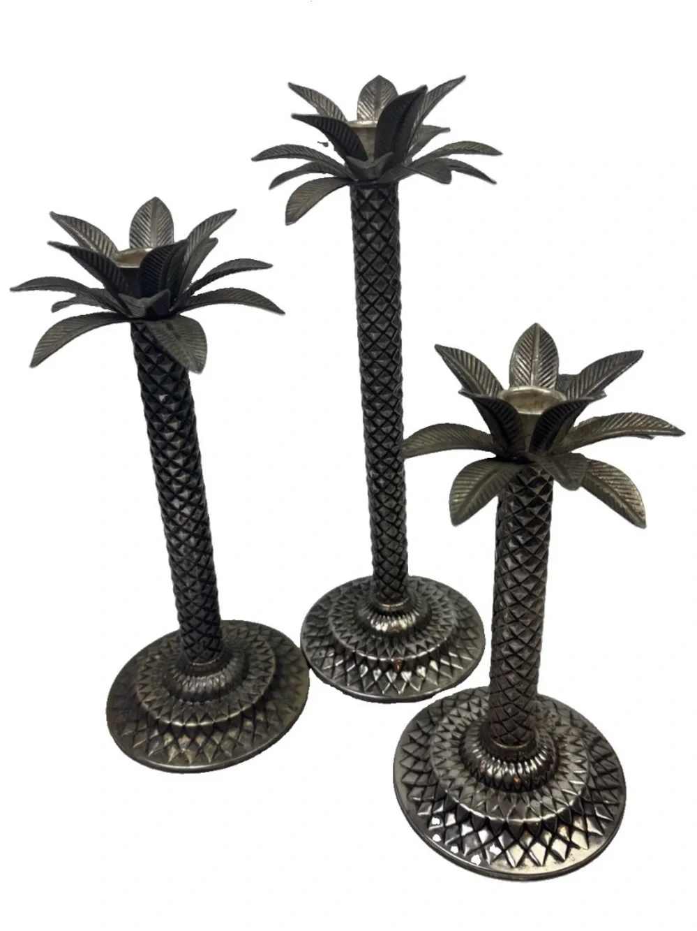 Vintage Silver Palm Tree Candlestick Holders – Tropical Coastal Decor Set